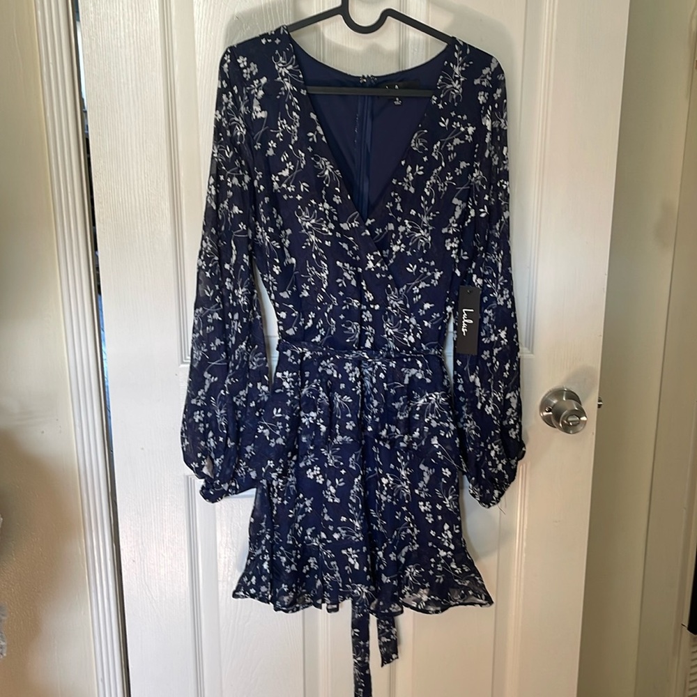 Lulus skater dress long sleeve dark blue floral print size small